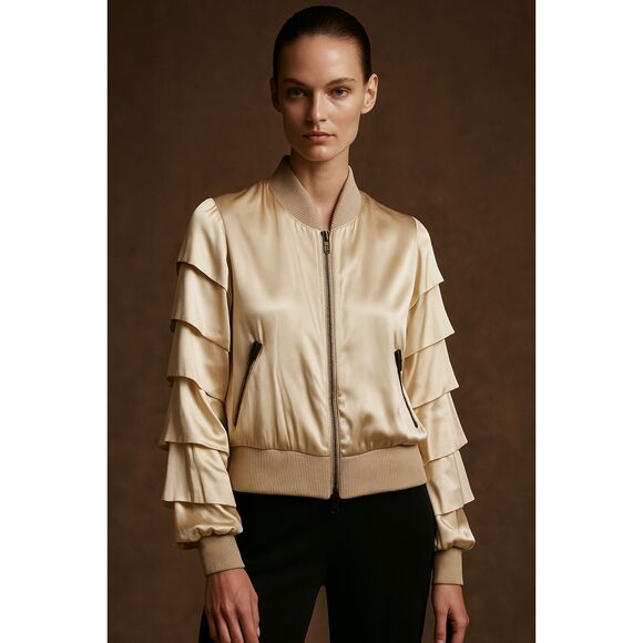 Haute Silk Cream Bomber Jacket with Ruffle Sleeves 4 NWT - Picture 1 of 16